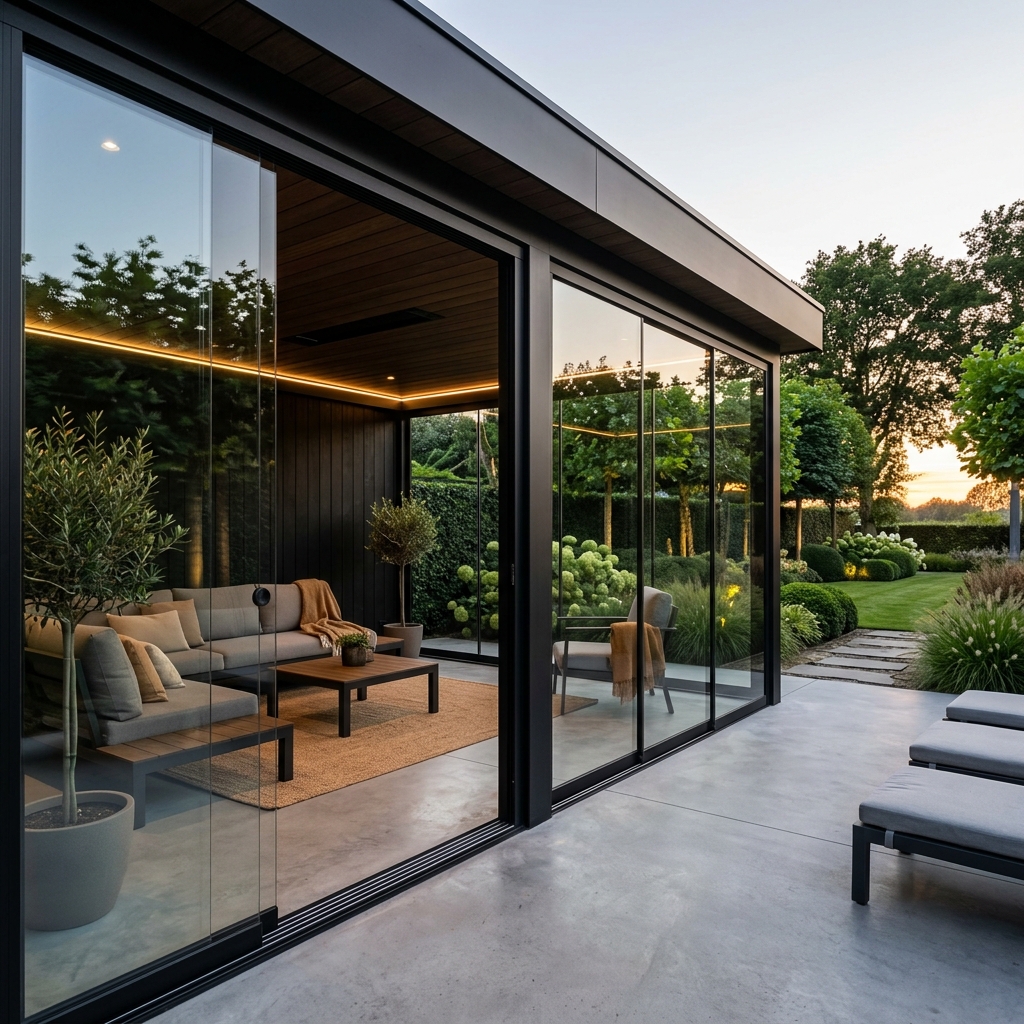 Moderne veranda dichtgemaakt met zwarte glazen schuifwanden