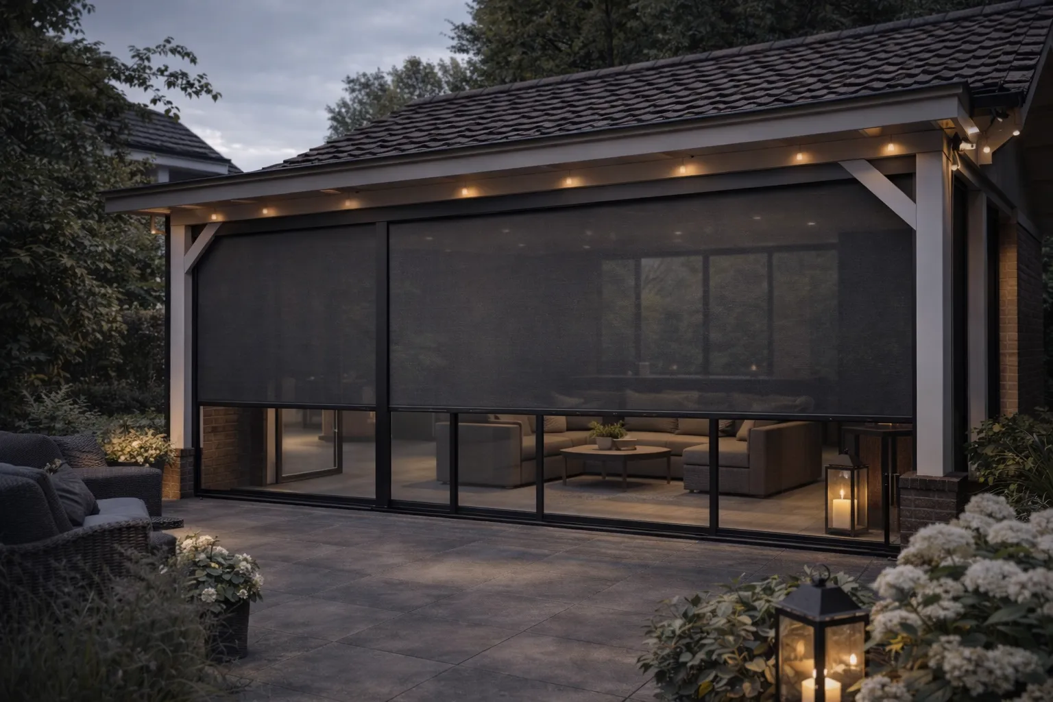 Zipscreens onder een overkapping in avondsfeer
